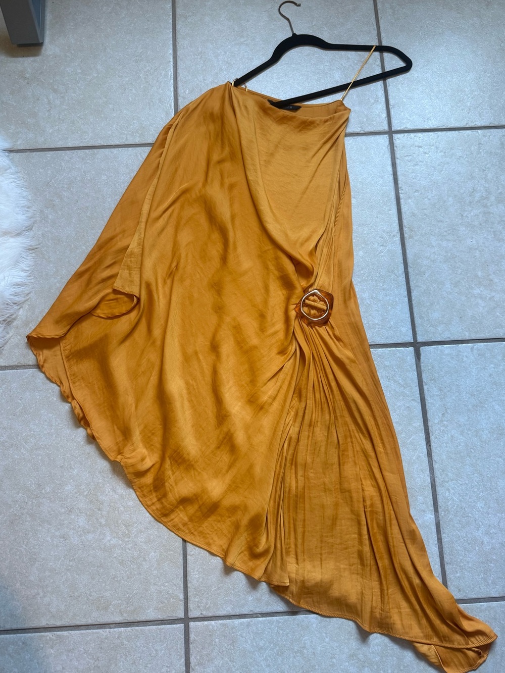 Zara Golden Mustard Asymmetrical Satin Skirt with Ring Detail